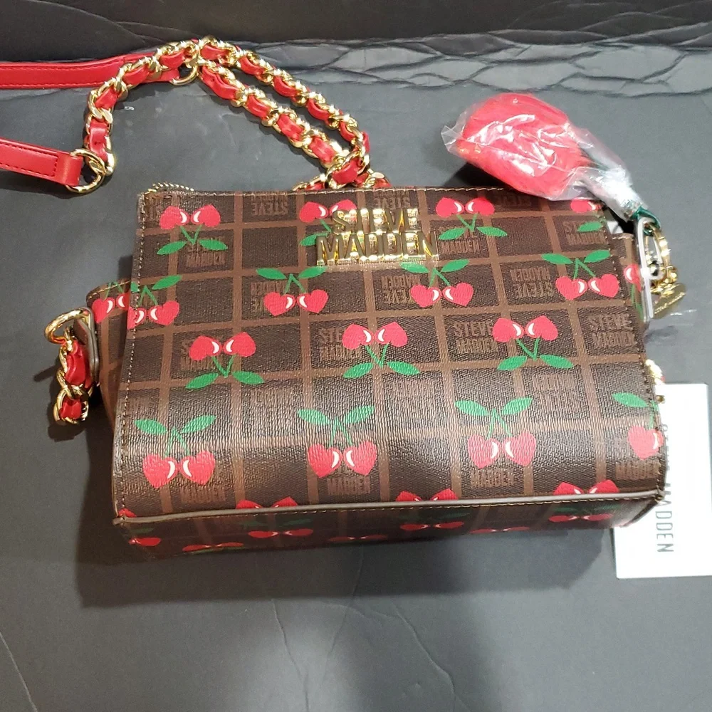 Steve Madden brown plaid checkered cherry print bryder crossbody bag and charm - Picture 2 of 13